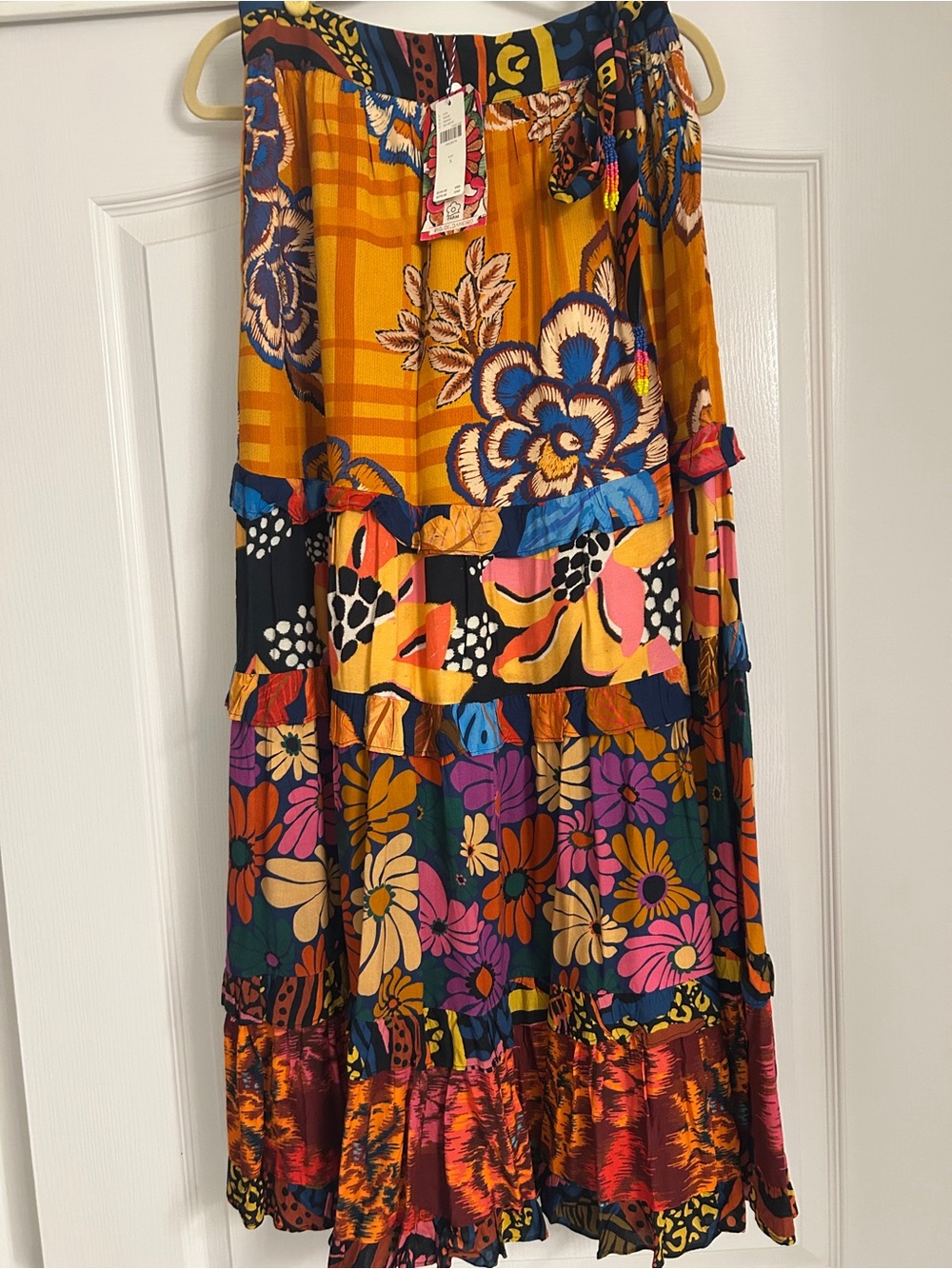 FARM RIO Bohemian Floral Tiered Maxi Skirt - Mustard Multicolor size small